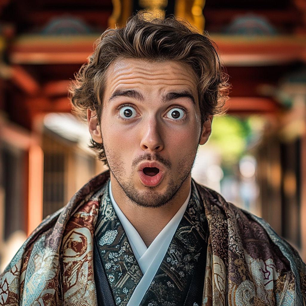 Late groom in kimono looks surprised at camera.