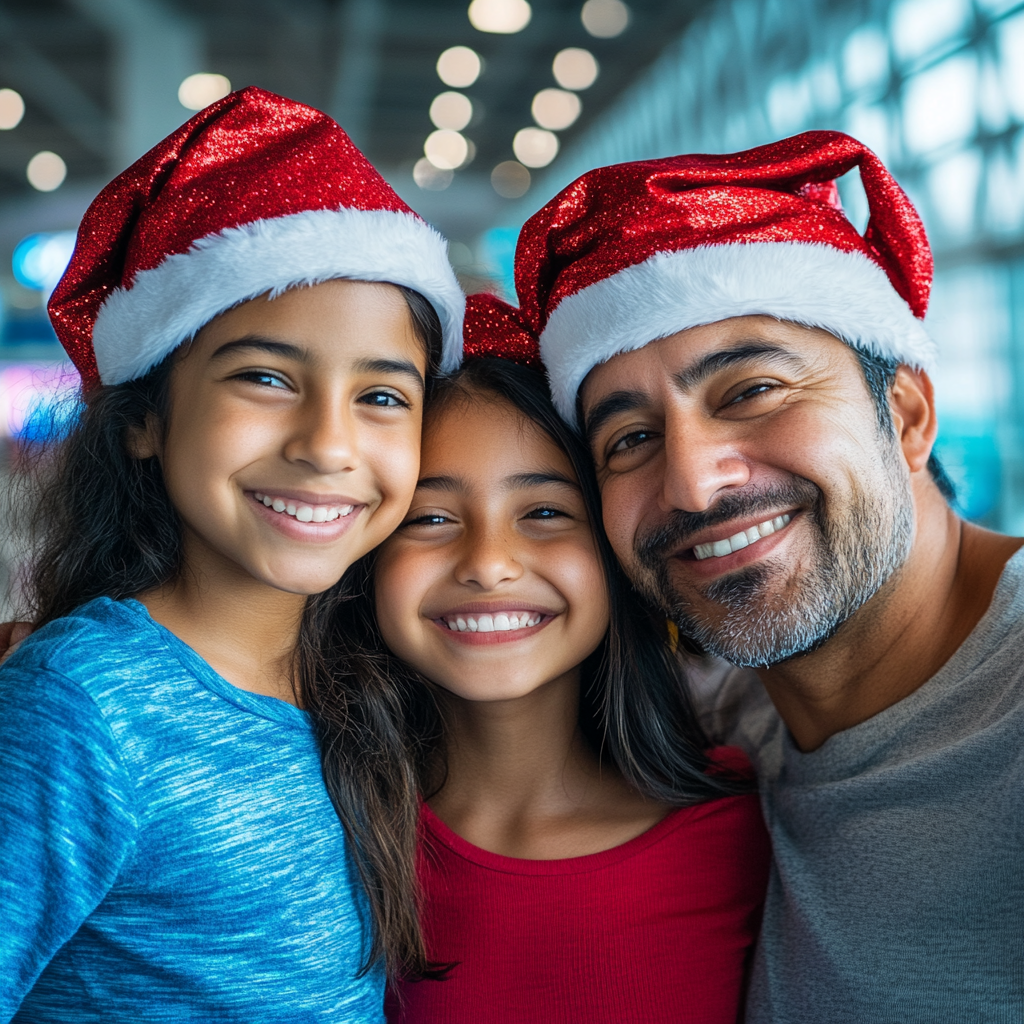 Latin American Family in Christmas Hats at AirportVacation