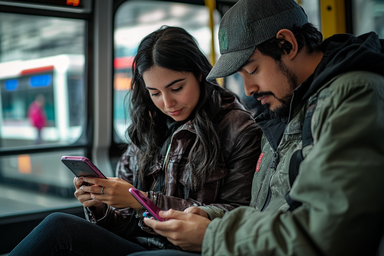 Latin American couple, 25, in metrobus, using smartphone