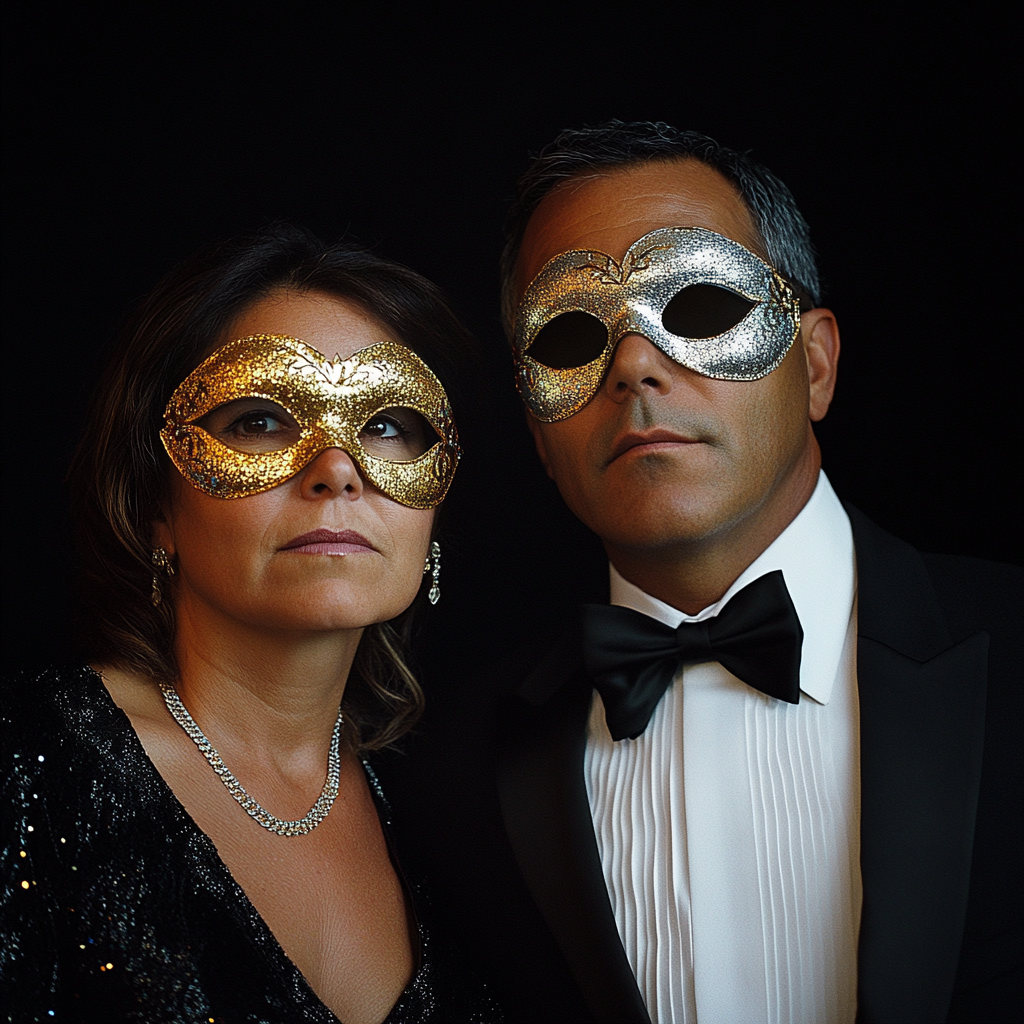 Latin man and woman wearing gold and silver masks.