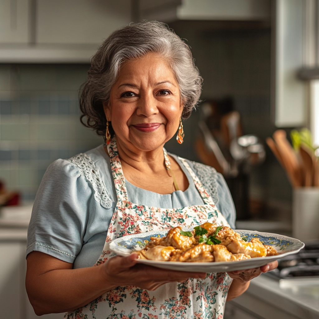 Latin woman showcasing tasty Chicken Escafe dish in kitchen.