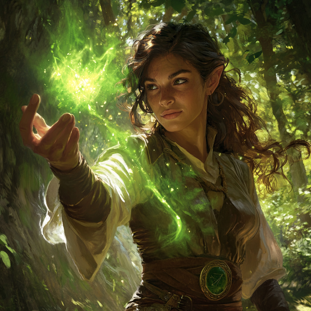 Latina Druid Woman Casting Green Magic Spell Outdoors