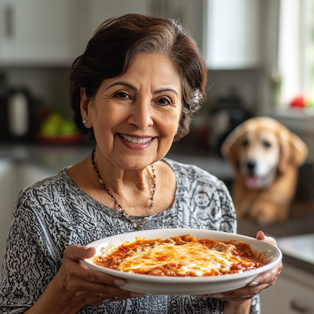 Latina woman holding plate of lasagna soup in kitchen