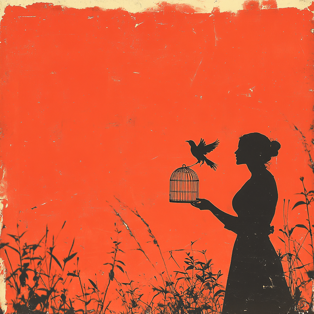 Latina woman holds cage, bird breaking out, minimalist art.