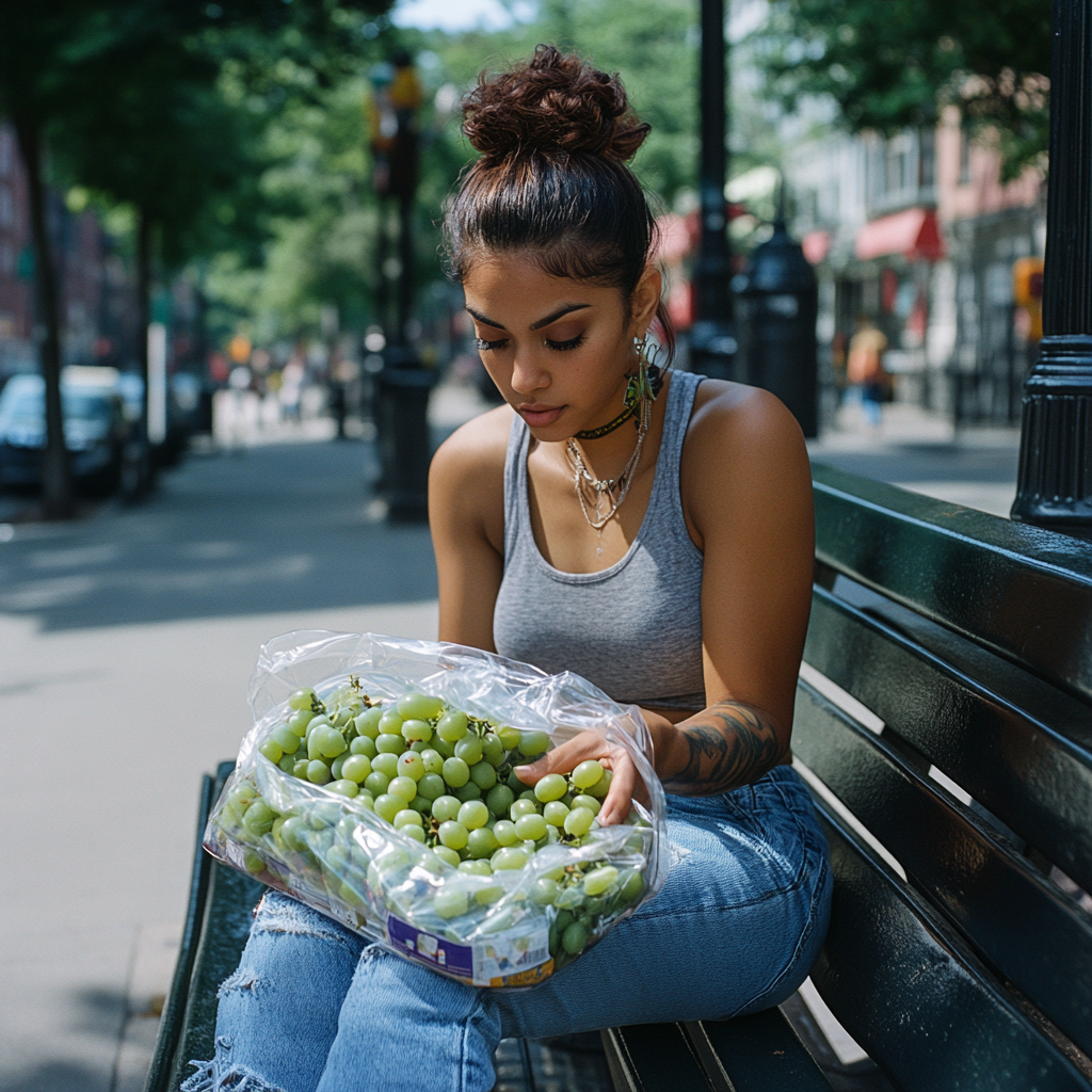 Latina woman in bun hairstyle with grapes on bench.