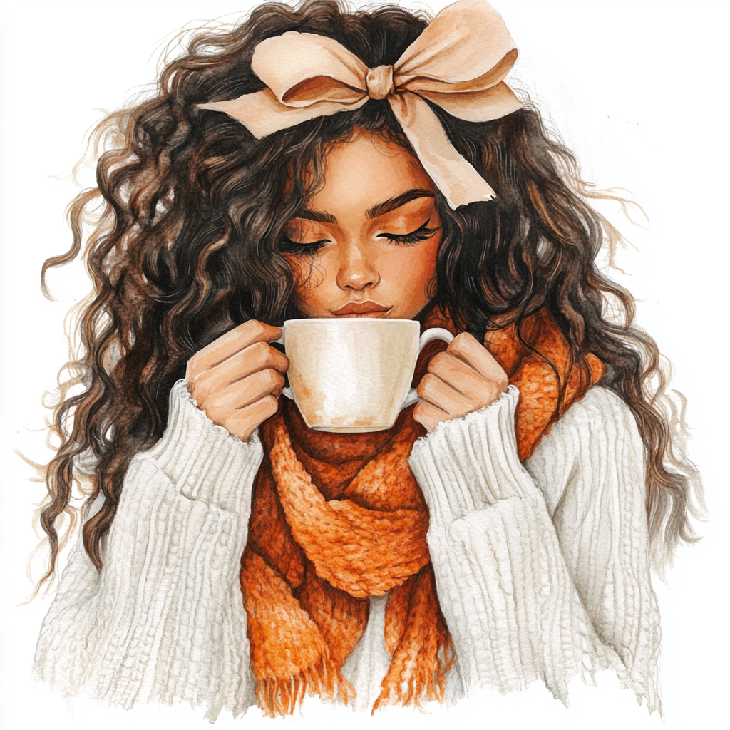 Latina woman in white sweater drinking pumpkin latte.