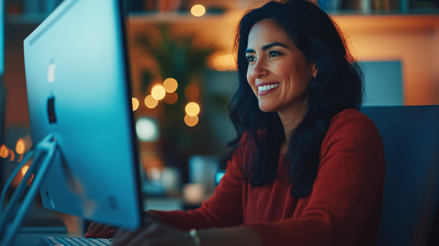 Latina woman smiling at computer in virtual meeting.