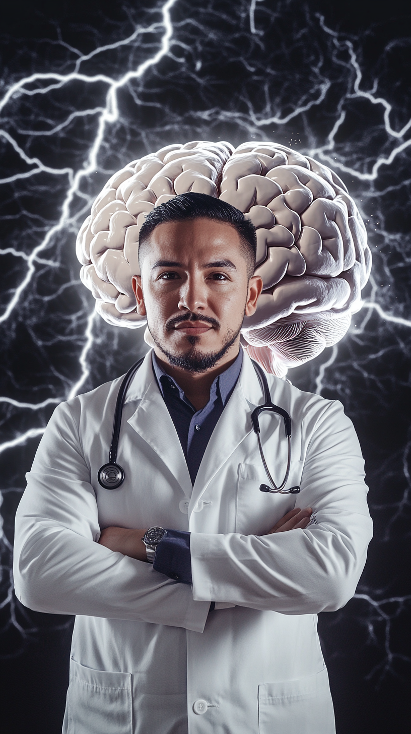 Latino doctor with brain and lightning background