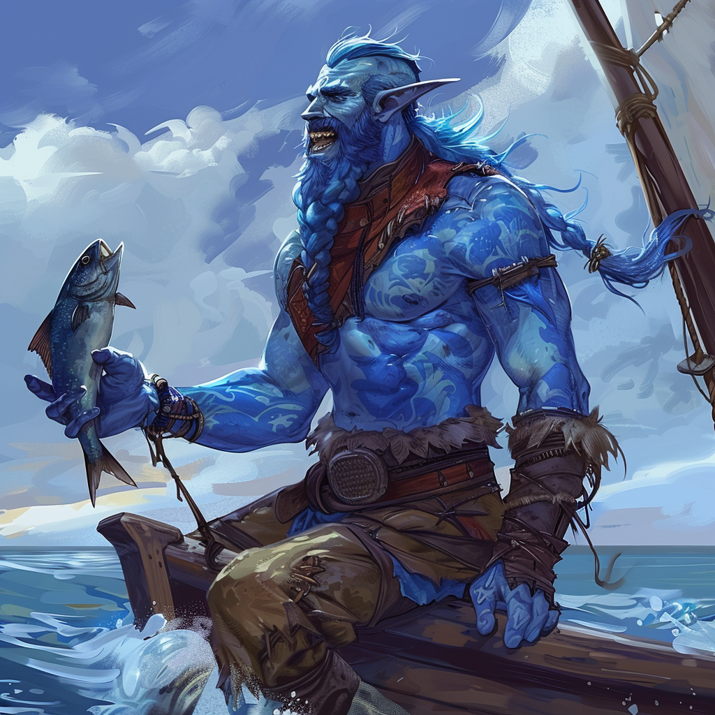 Laughing Air Genasi Fisherman on Small Boat