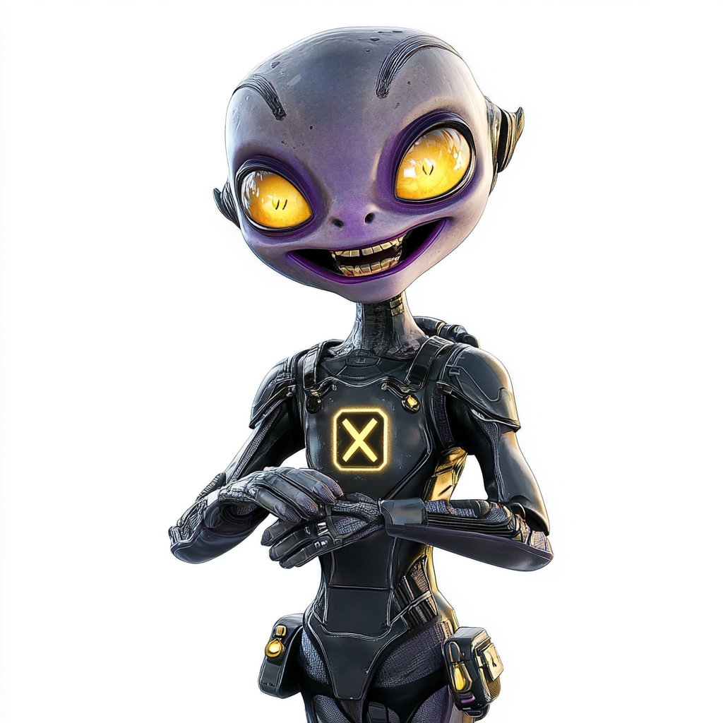 Laughing alien in purple armor with X symbol.