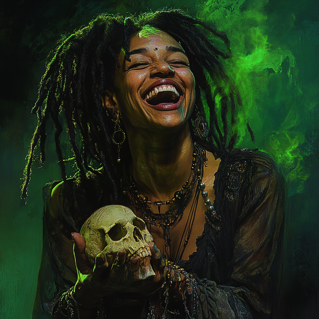 Laughing black voodoo witch in torn dress with skull.