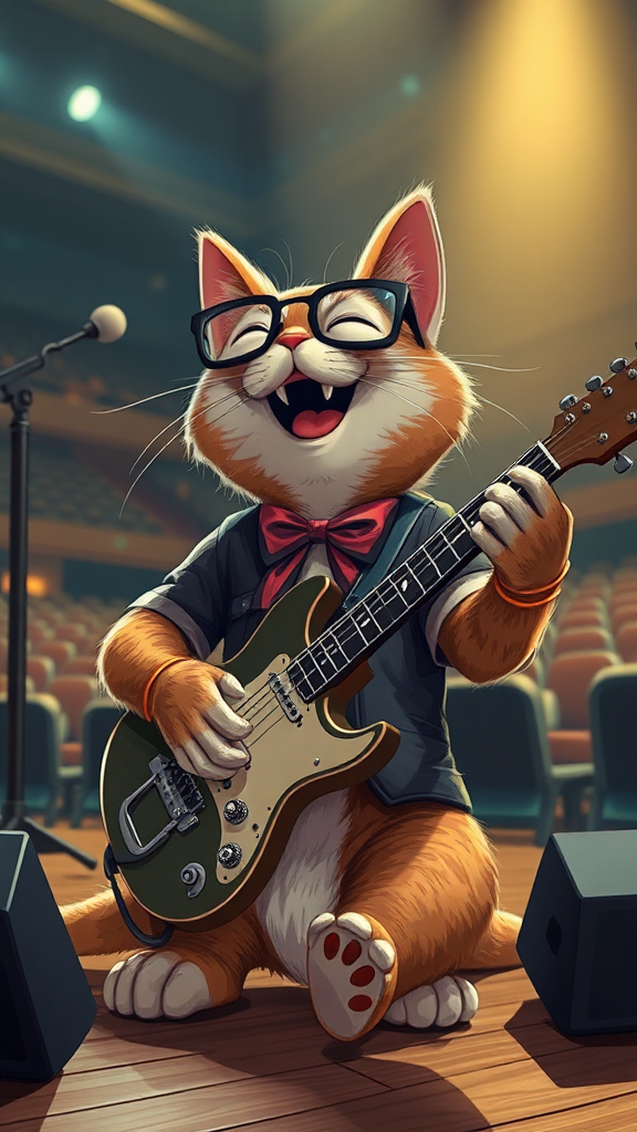 Laughing cat in glasses plays guitar at concert.