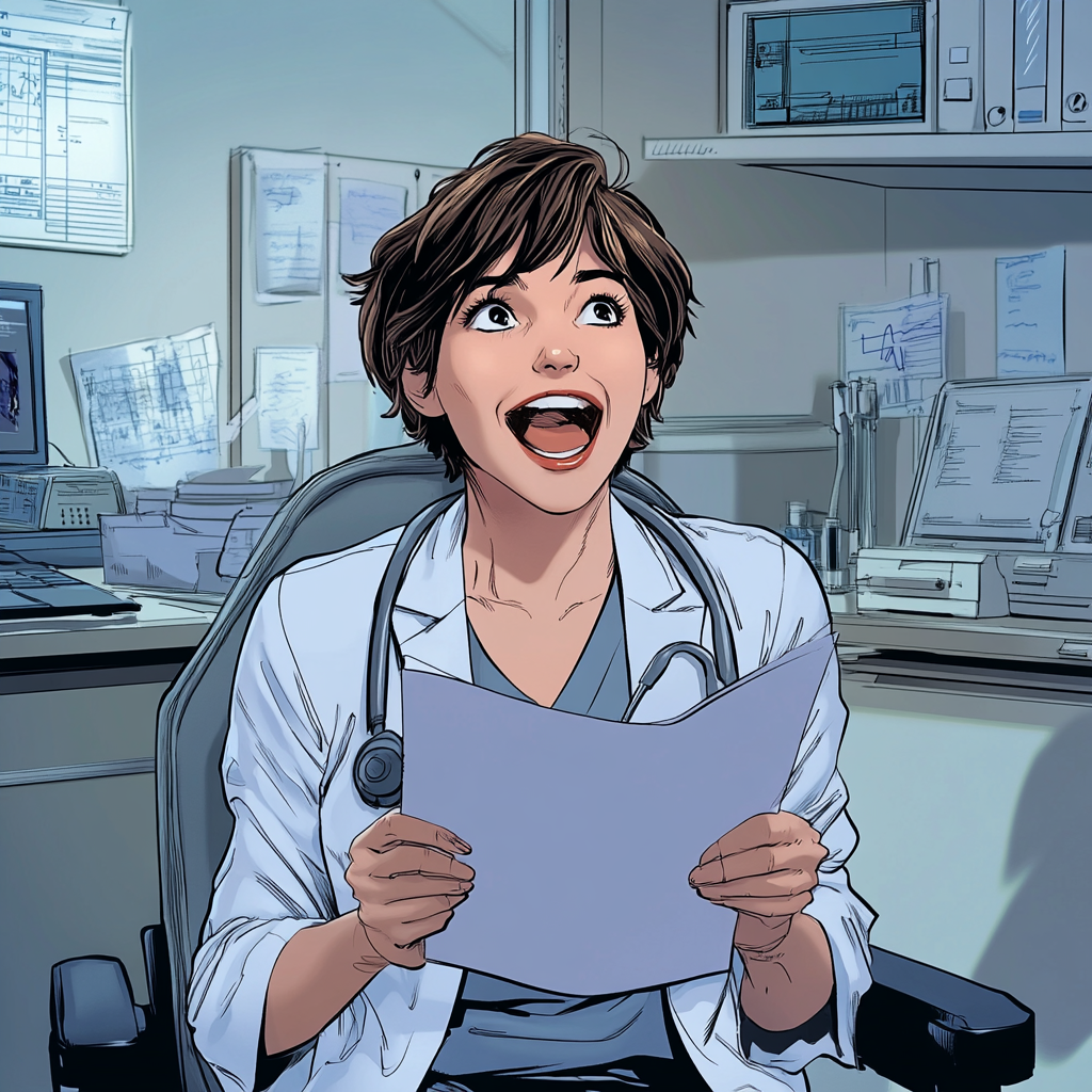 Laughing female doctor in office reading surprising lab results.