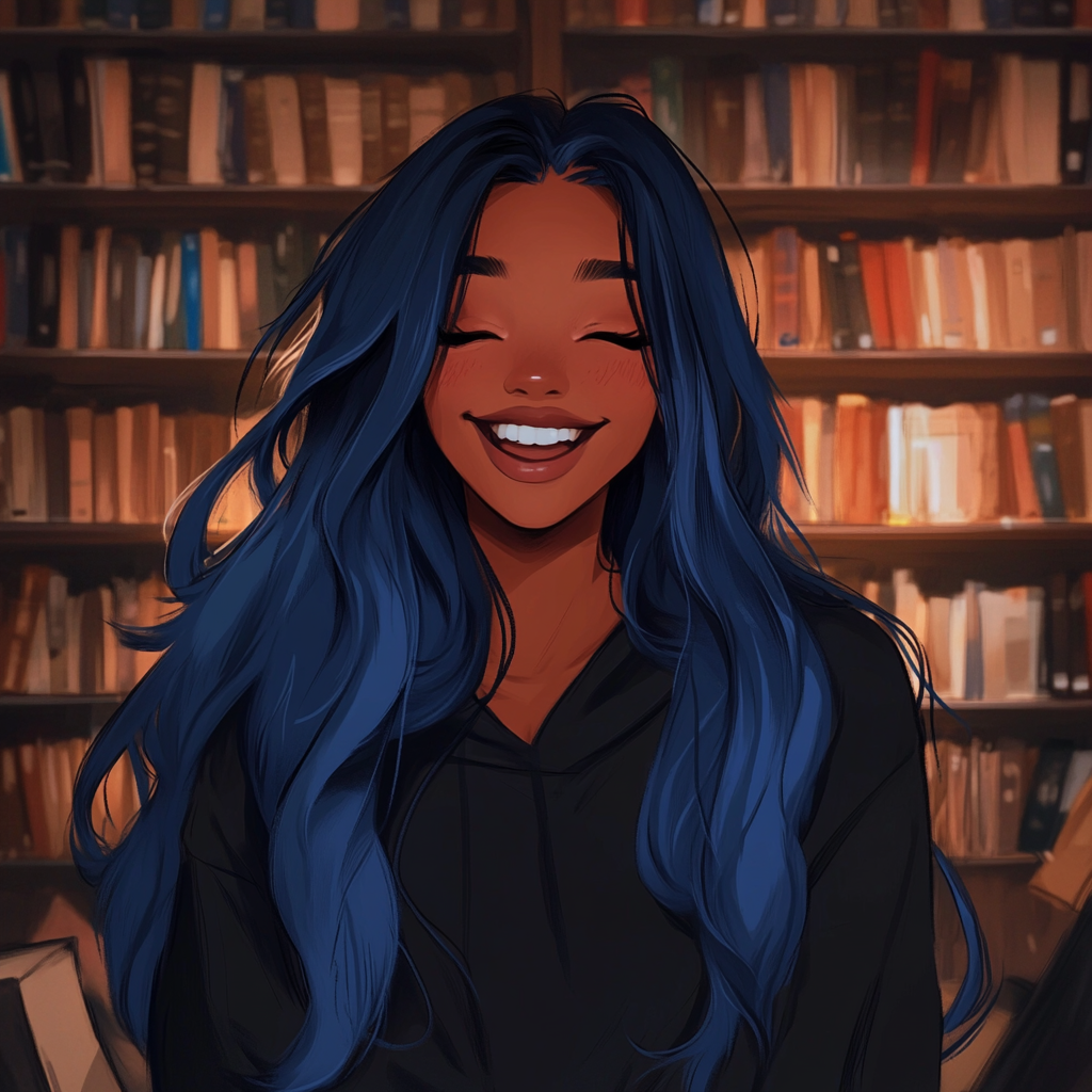 Laughing girl with blue hair in cozy library.