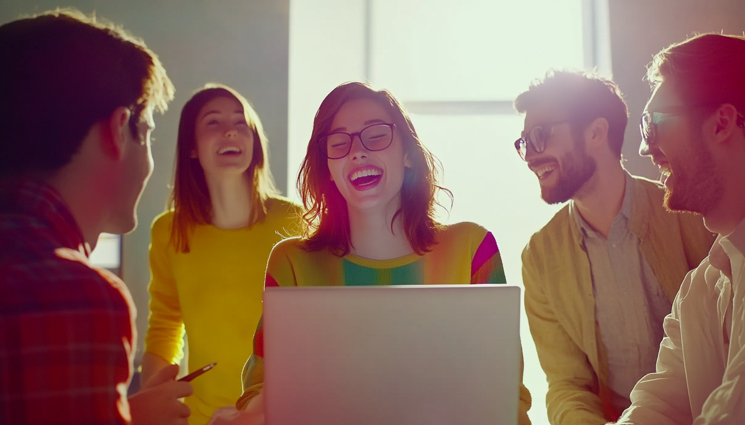 Laughing office workers surround woman with laptop in modern office