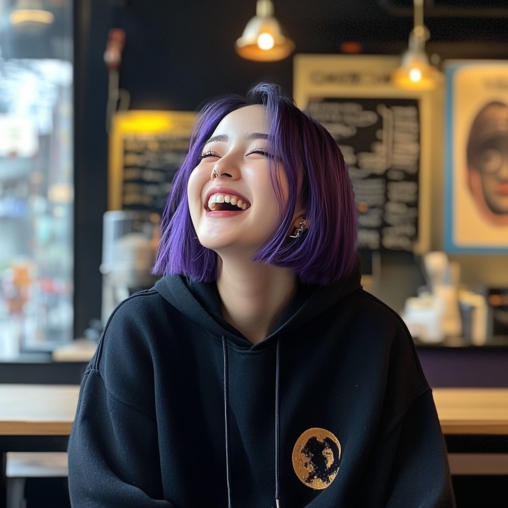 Laughing young Korean woman with purple bob, septum piercing.