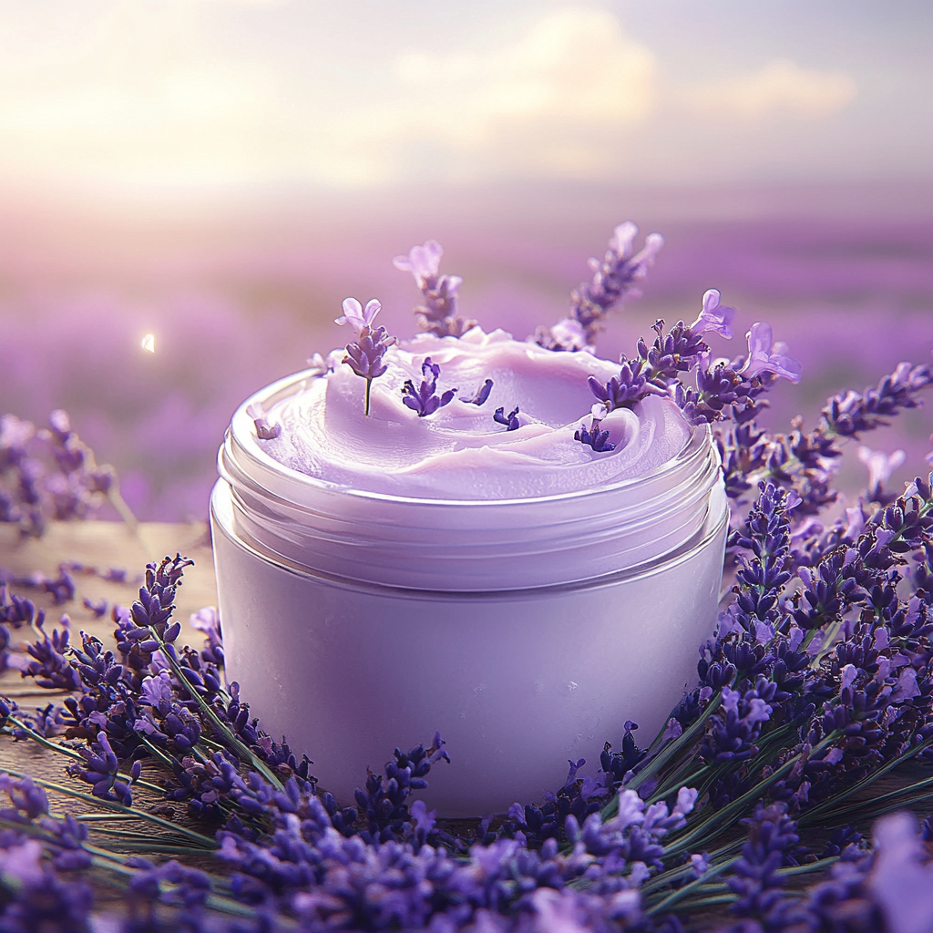 Lavender cream in glass jar with fresh sprigs