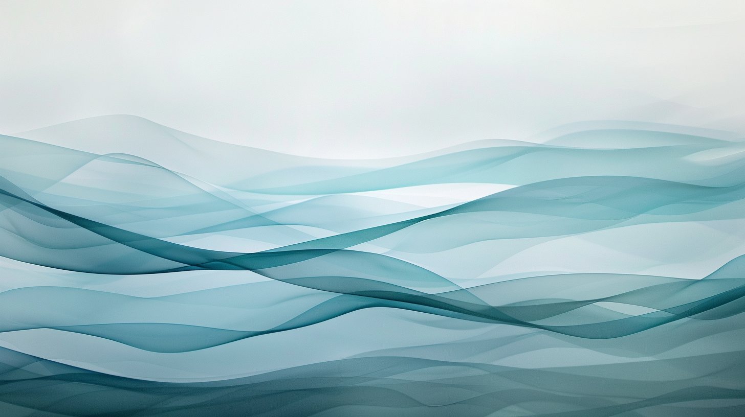 Layered abstract shapes in translucent blues and teal tones.