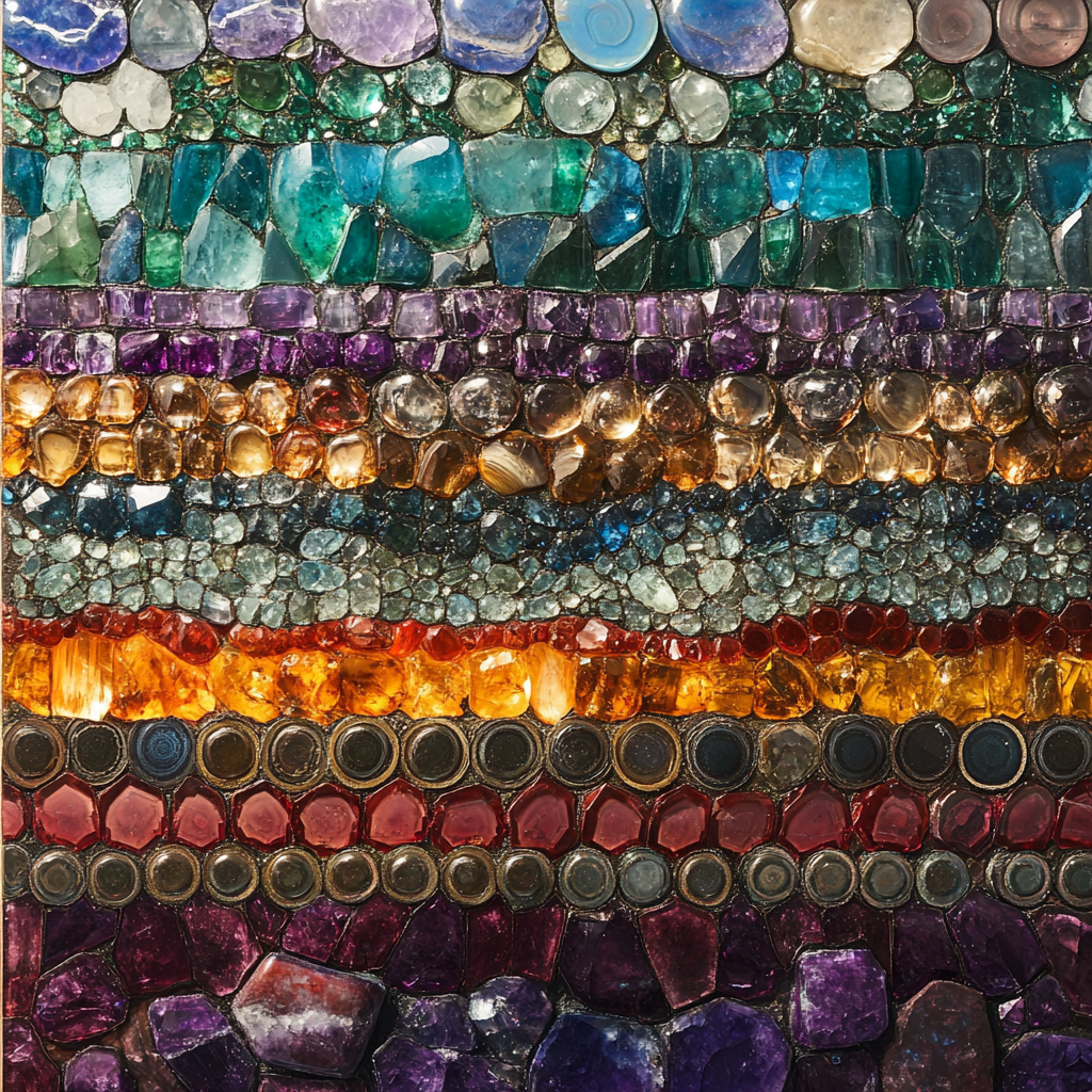 Layers of colorful gems on tall shining wall