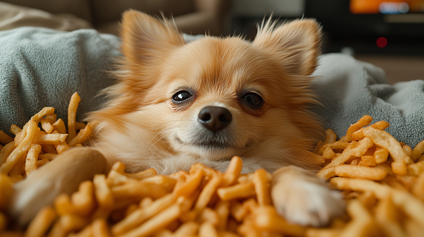 Lazy Pomeranian surrounded by McDonald's fries in cozy room.