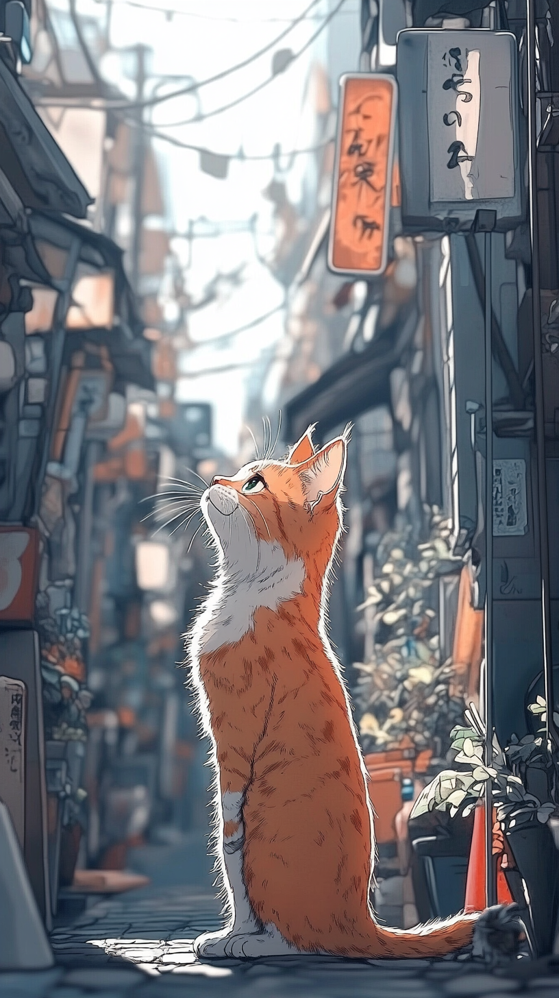 Lazy Style Japanese Animation with Orange Cat in City 