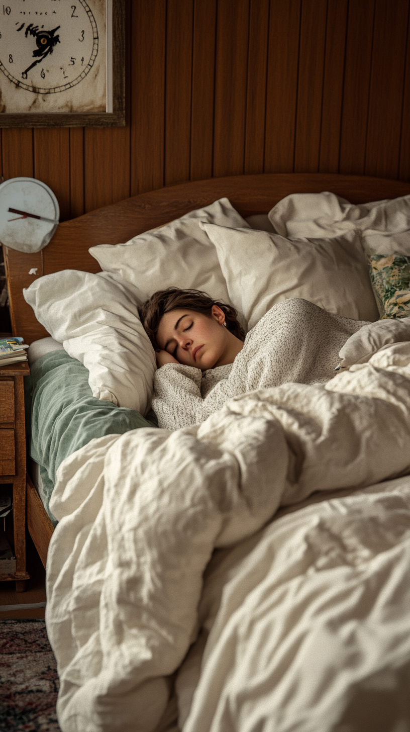 Lazy person in cozy bed surrounded by blankets and pillows.