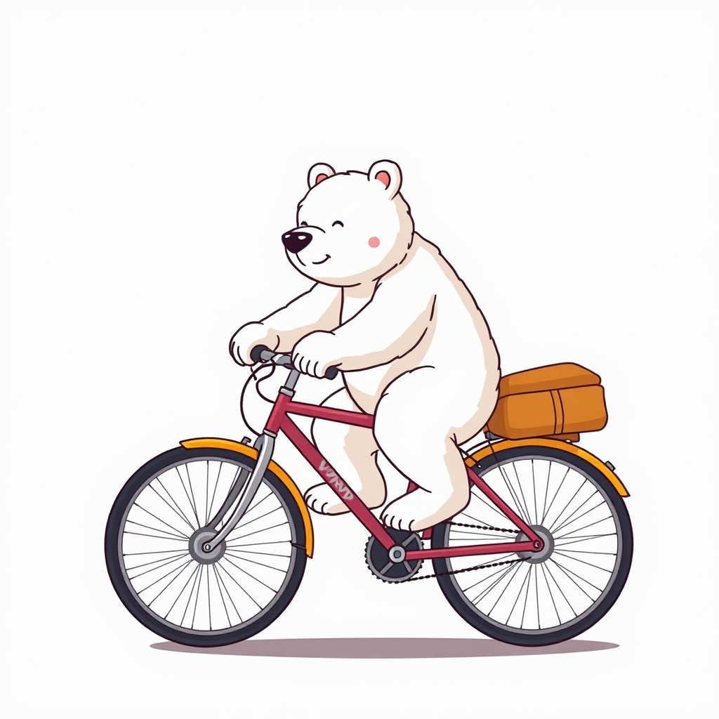 Lazy white bear rides bike with 4 colors.