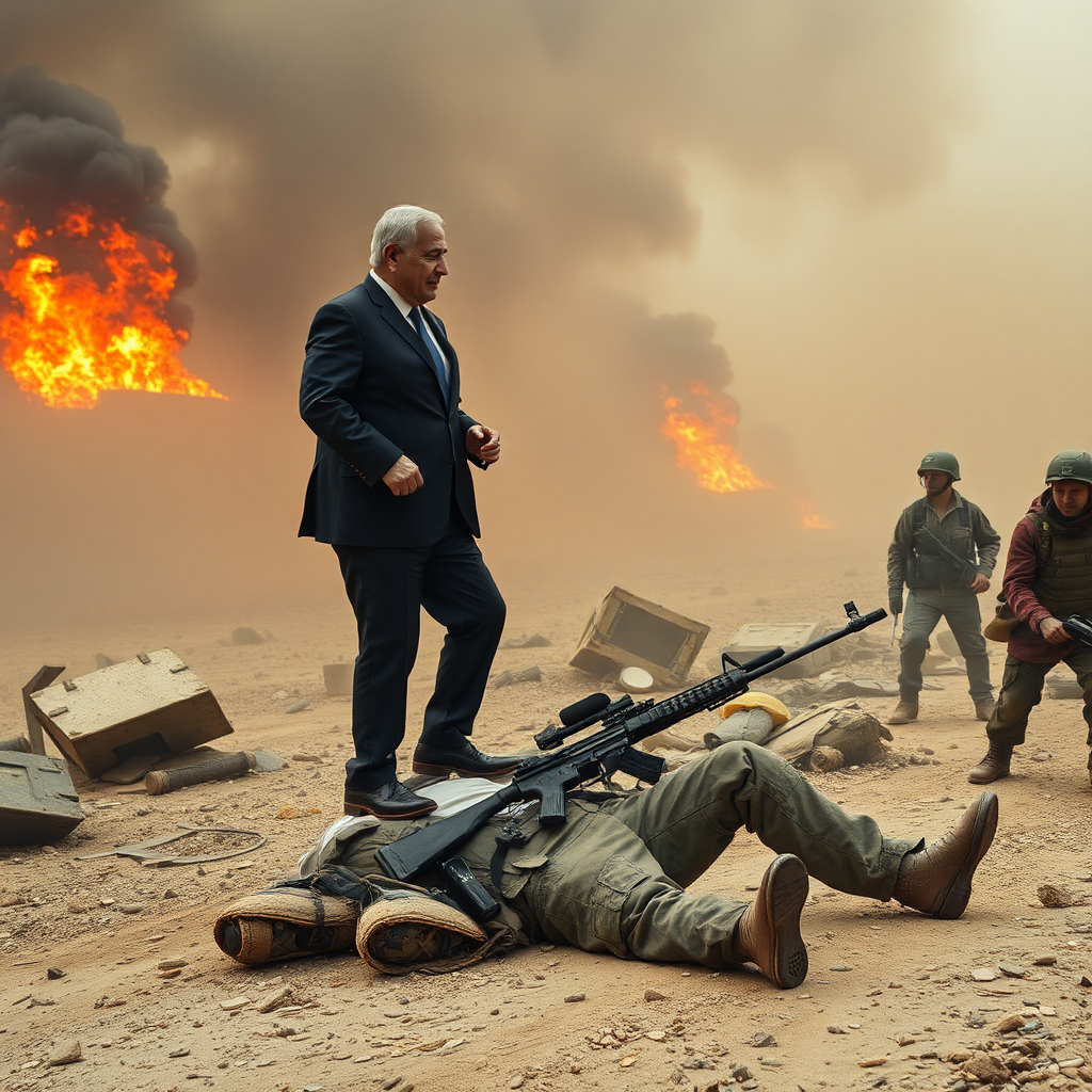 Leader Netanyahu victorious over enemy during battle.