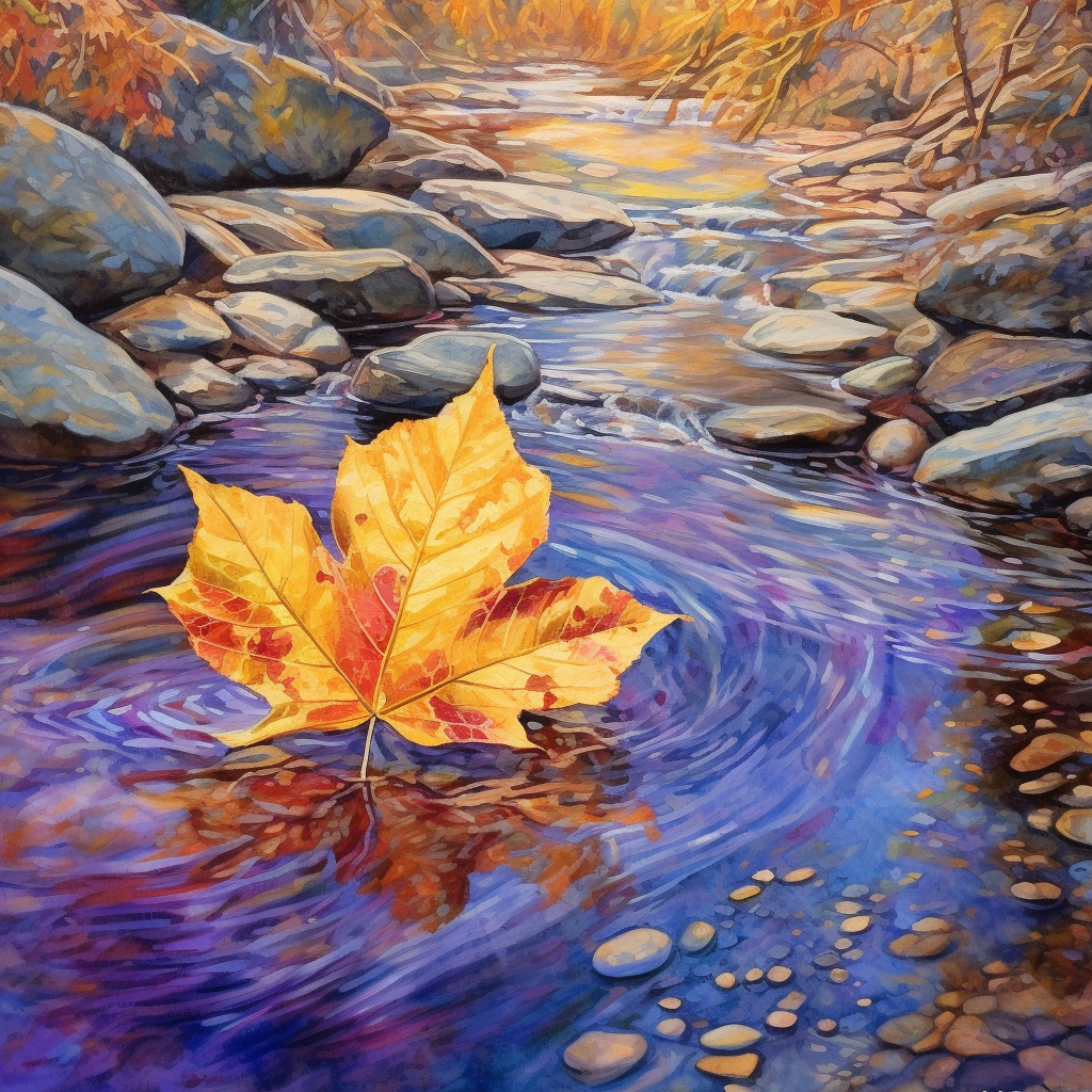 Leaf on colored stream with rock bed in forest.