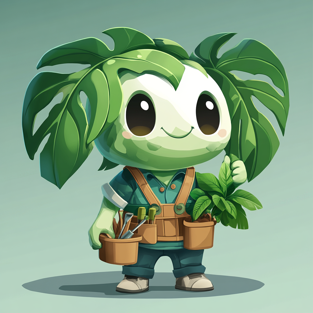 Leafy the Plant Whisperer, Monstera leaf mascot logo.