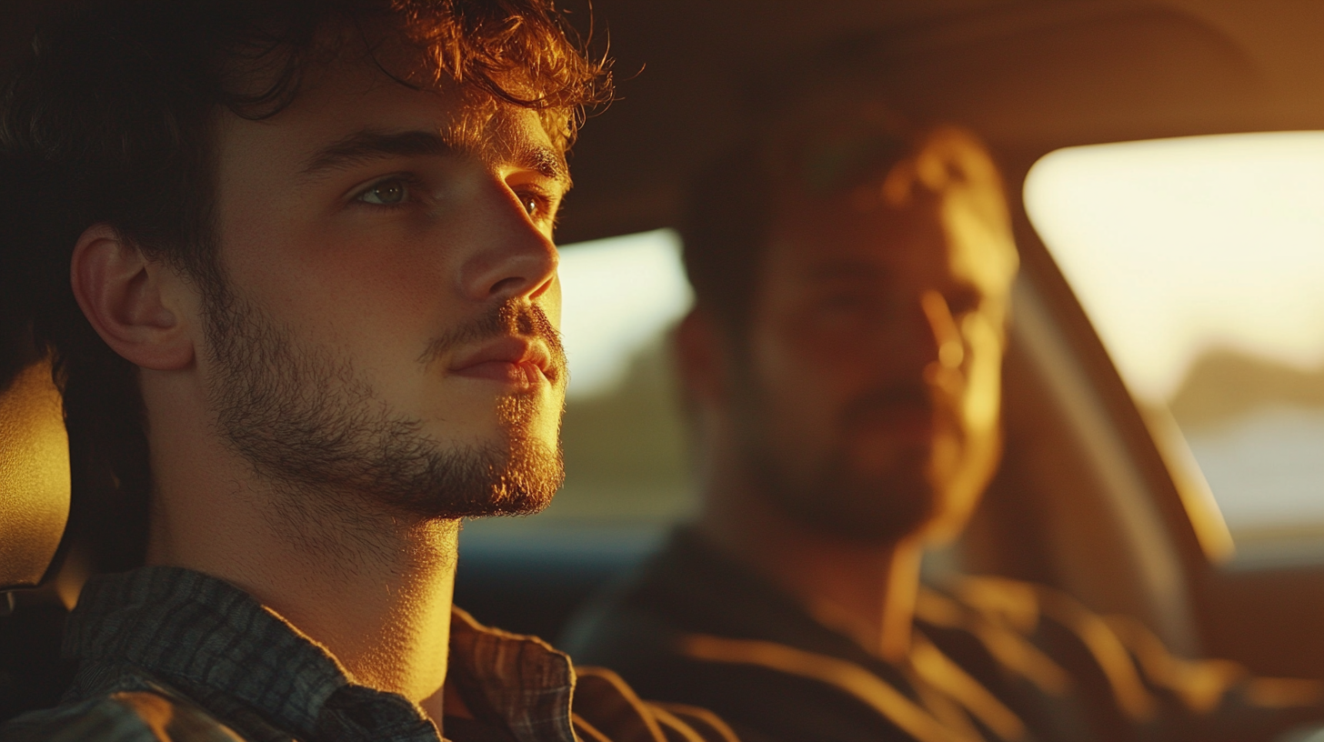 Learning to drive with instructor in car, cinematic scene.