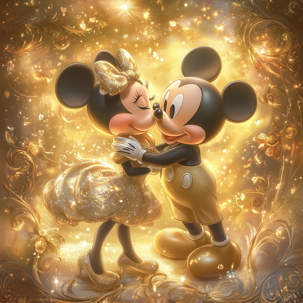 Legendary card with Mickey and Minnie embracing romantically.