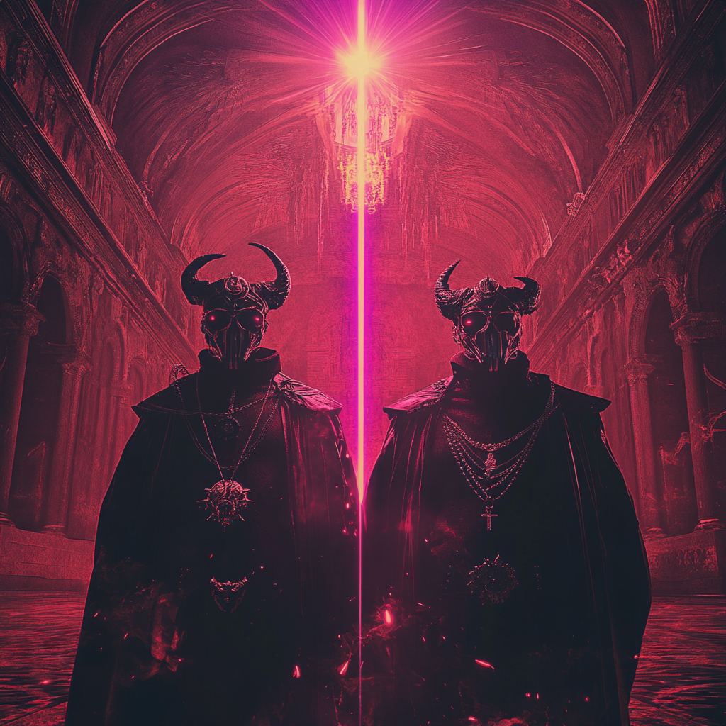 Legendary demon slayers in cyberpunk style for album cover