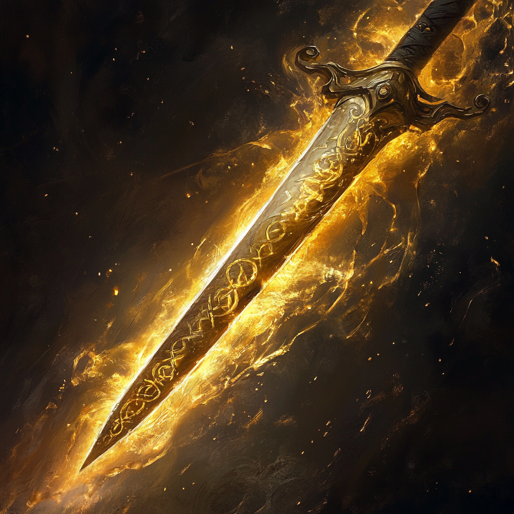 Legendary magical golden sword with golden runes and mist.