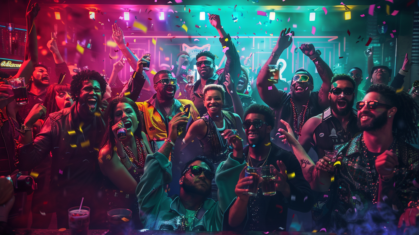 Legendary nightclub scene with NFL players, gymnasts, politicians celebrating. Neon lights, confetti, victory poses, drinks raised.