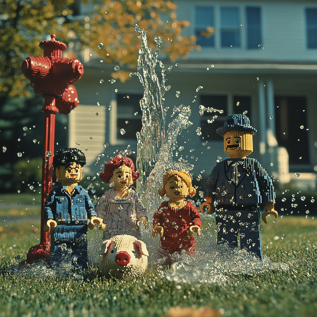 Lego family with glass soda bottles, diamond rings splashing.