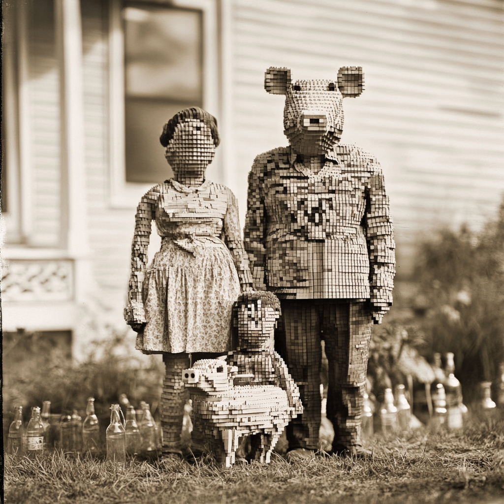 Lego family with glass soda bottles on lawn artwork.