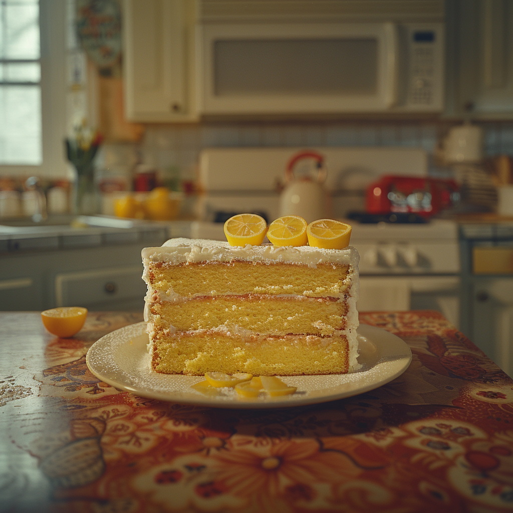 Lemon cake on table with tiny car tire toppings.