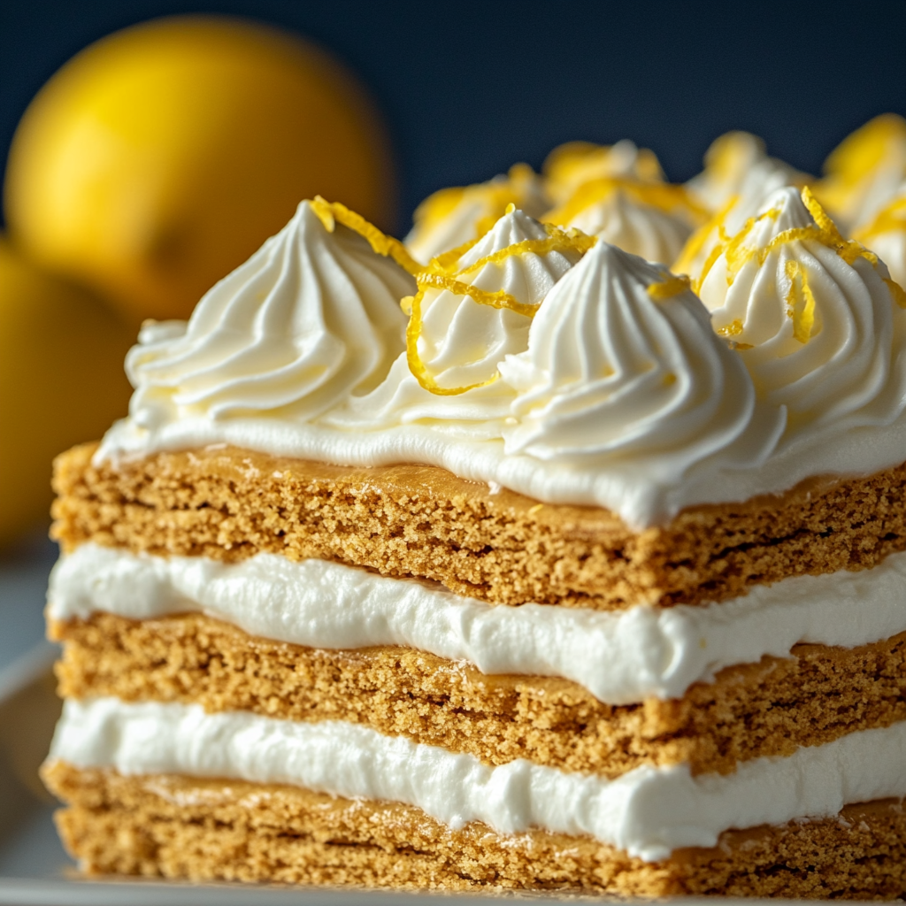 Lemon icebox cake with creamy filling and graham crackers