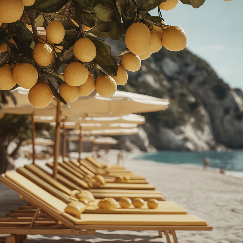 Lemons shading sun loungers at beautiful Italian beach.