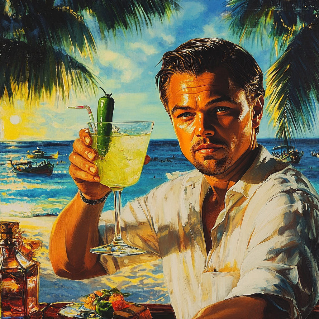 Leonardo Dicaprio drinks margarita with jalapeno garnish beach retro.