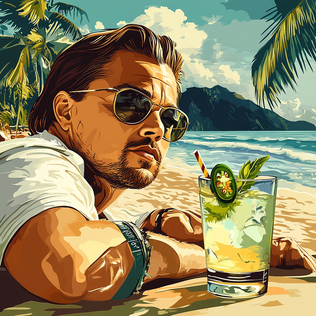 Leonardo Dicaprio enjoys tommy margarita with jalapeno garnish.