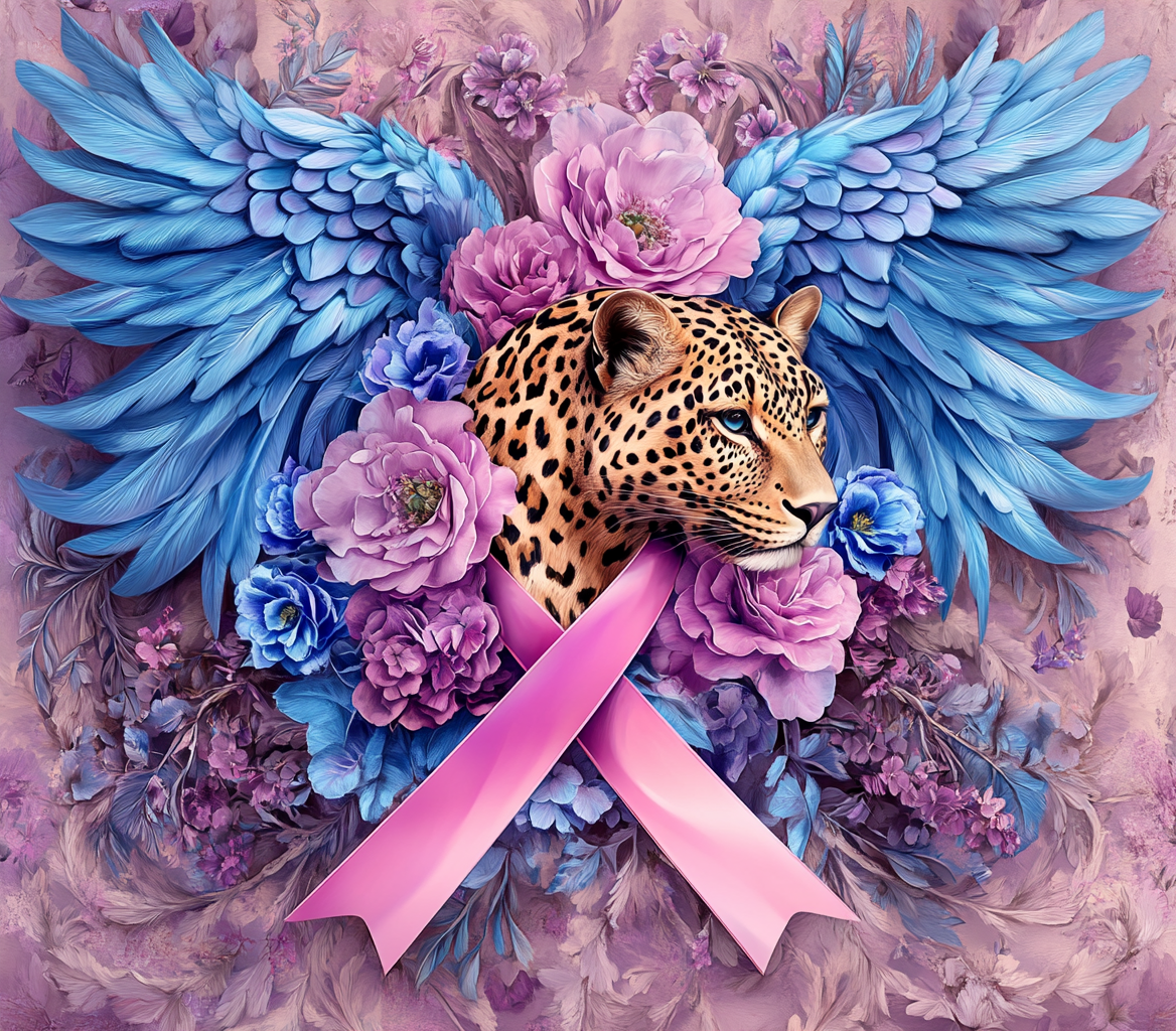 Leopard print cancer awareness ribbon with angel wings.