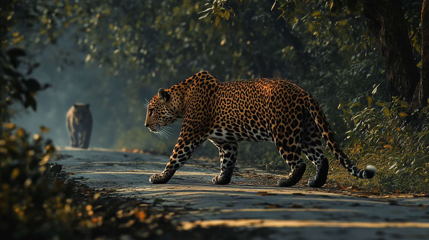 Leopard quietly follows human in dark, Indian scenery.