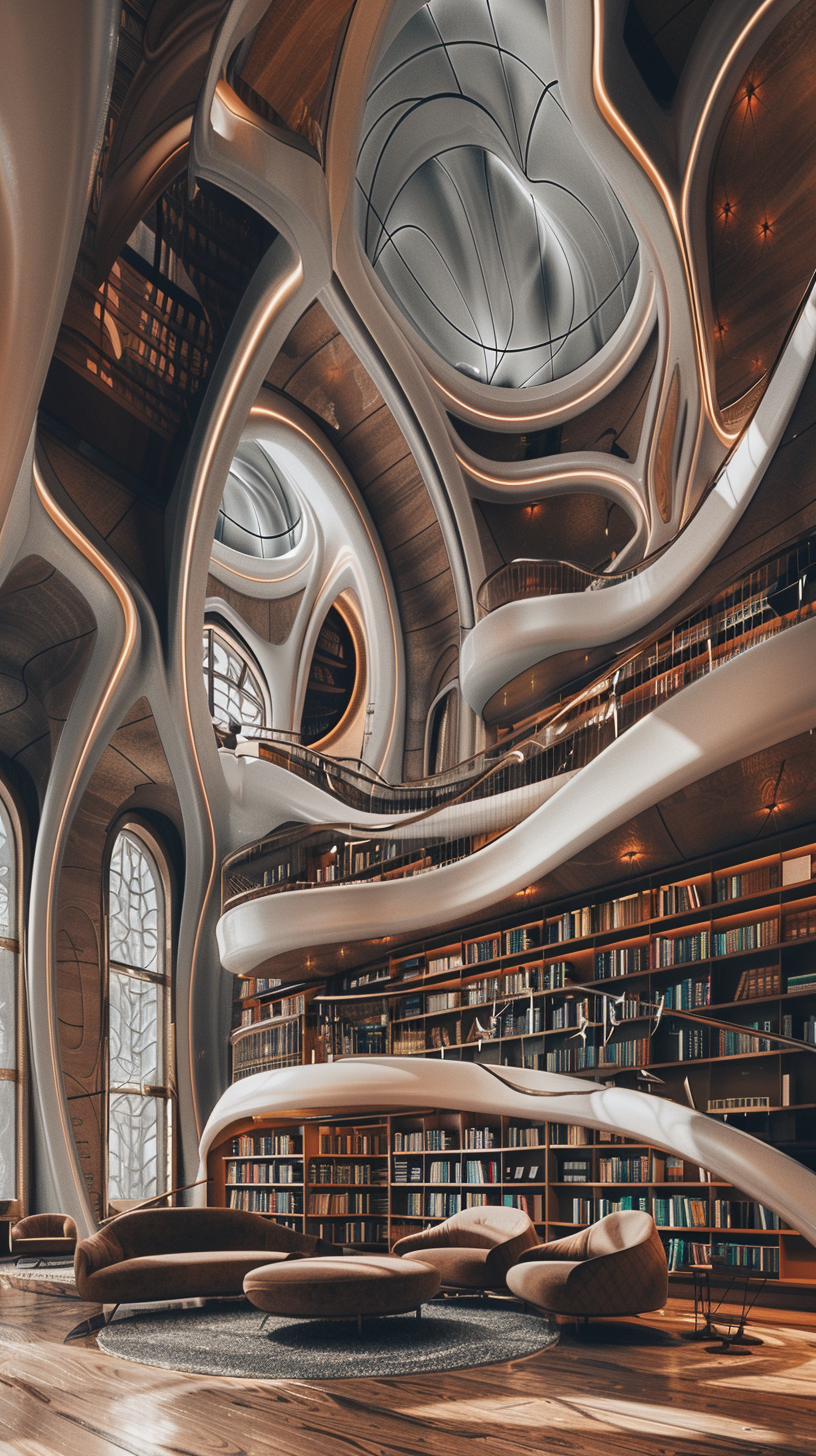 Library with futuristic and fantasy design, hyper realistic form.