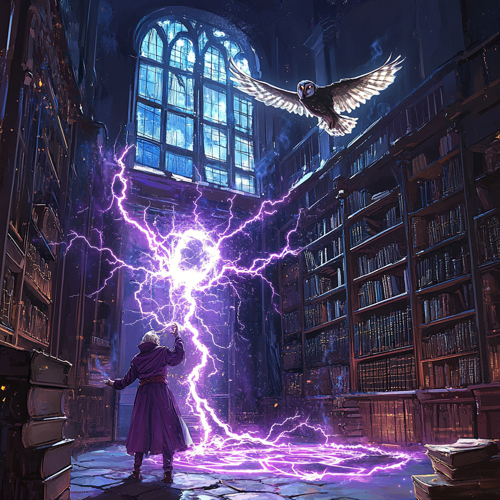 Library with lightning entering, magic sigil glowing, surprised magician, owl flying, magic sparks everywhere.