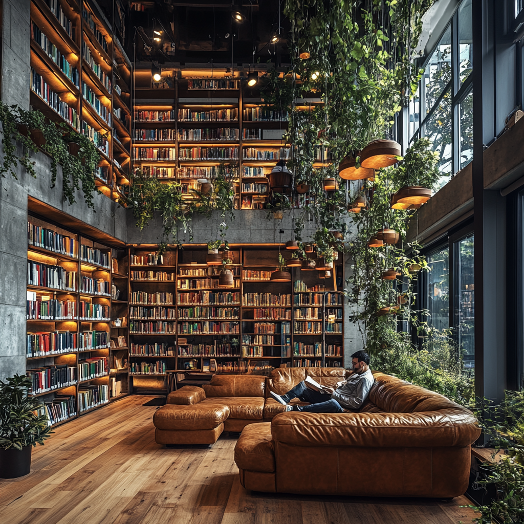 Library with man reading on sofa, plants hanging above.