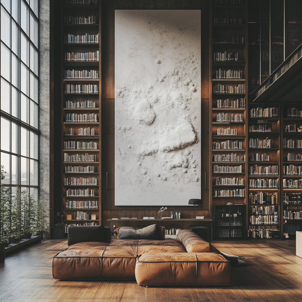 Library with wide bookshelves, white wall art, leather sofa.