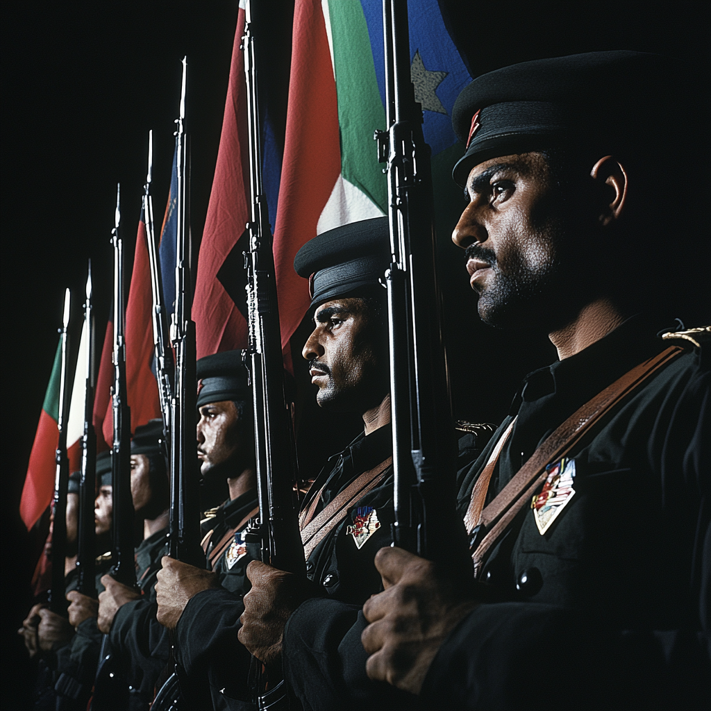 Libyan Guards Holding Rifles and Flags