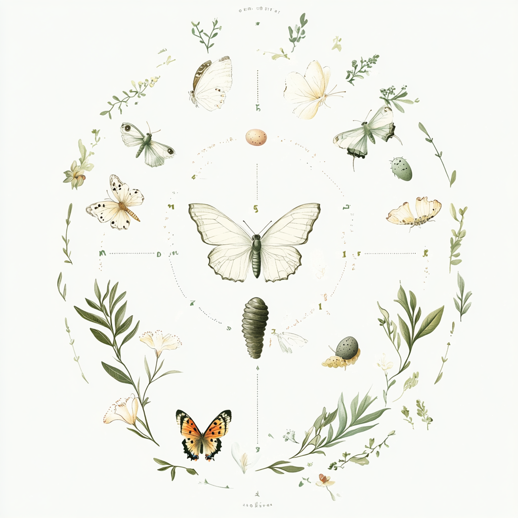 Life cycle of butterfly: egg, caterpillar, chrysalis, butterfly.